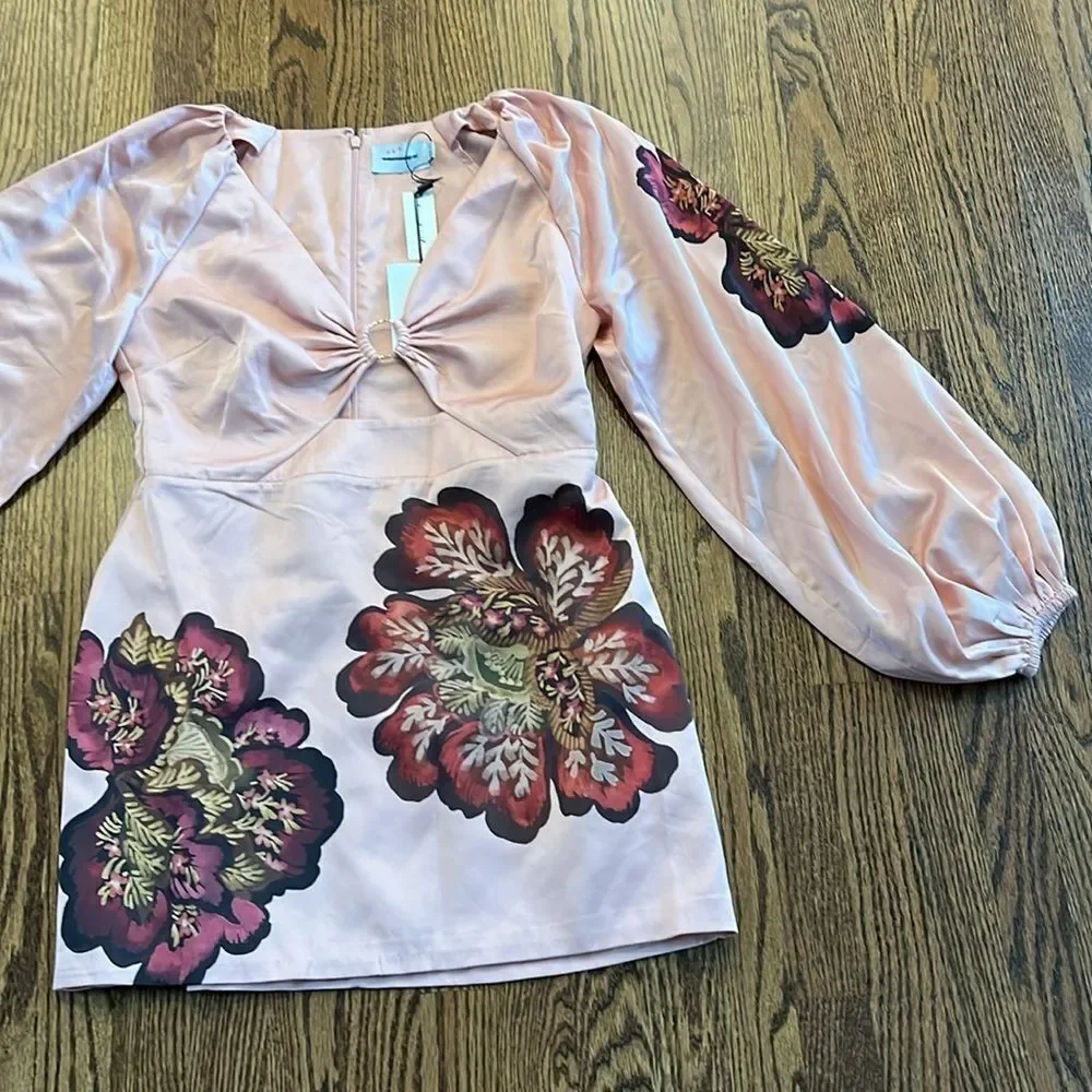 Significant Other size 10 $304 Long-Sleeve V-Neck Cutout Printed Mini Dress - Picture 8 of 12